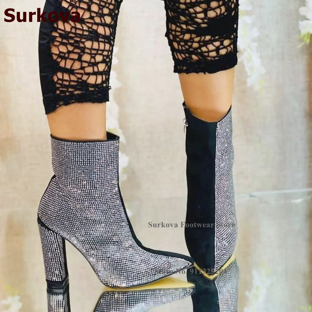Surkova Bling Bling Silver Crystal Chunky Heel Ankle Boots Black Suede Patchwork Pointed Toe Booties Sparkly Rhinestone Shoes
Surkova Bling Bling Silver Crystal Chunky Heel Ankle Boots Black Suede Patchwork Pointed Toe Booties Sparkly Rhinestone Shoes