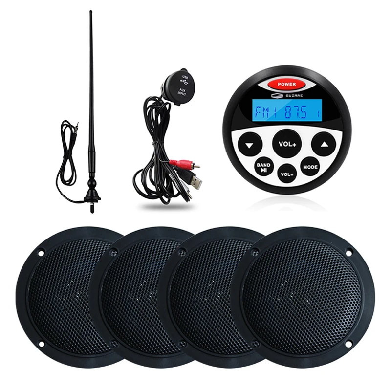 Marine Radio Audio Stereo Boat Bluetooth Receiver MP3 Car Player+2 Pairs 4 inch Marine Speakers+USB Audio Cable+AM FM Antenna
Marine Radio Audio Stereo Boat Bluetooth Receiver MP3 Car Player+2 Pairs 4 inch Marine Speakers+USB Audio Cable+AM FM Antenna