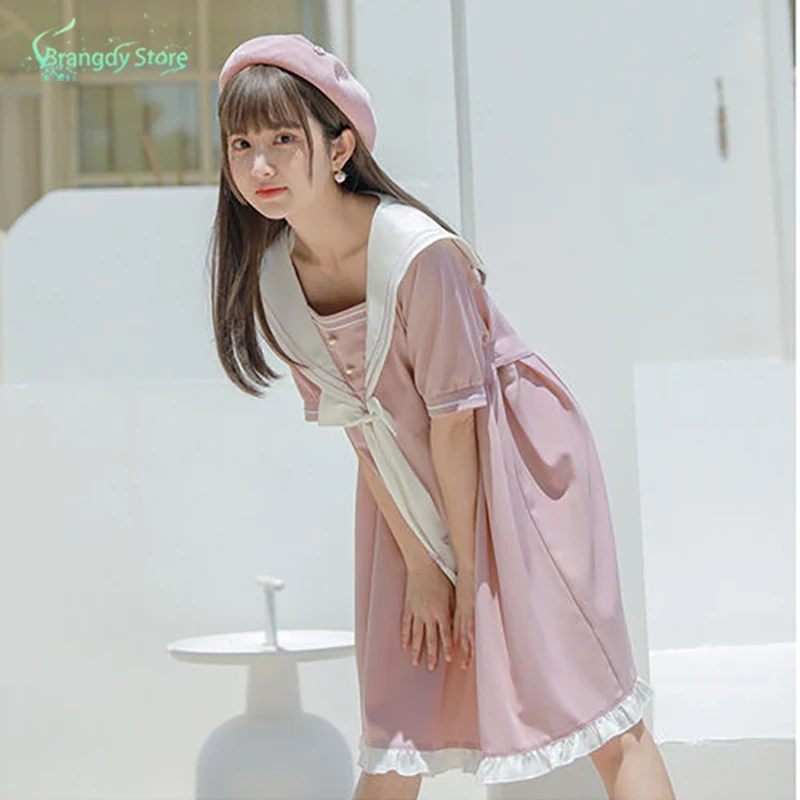 2021 Summer College Lolita Style Dress Cute Sailor Collar Lace Vintage Pink Dresses Sweet Girls Preppy Short Sleeve Woman Dress
2021 Summer College Lolita Style Dress Cute Sailor Collar Lace Vintage Pink Dresses Sweet Girls Preppy Short Sleeve Woman Dress