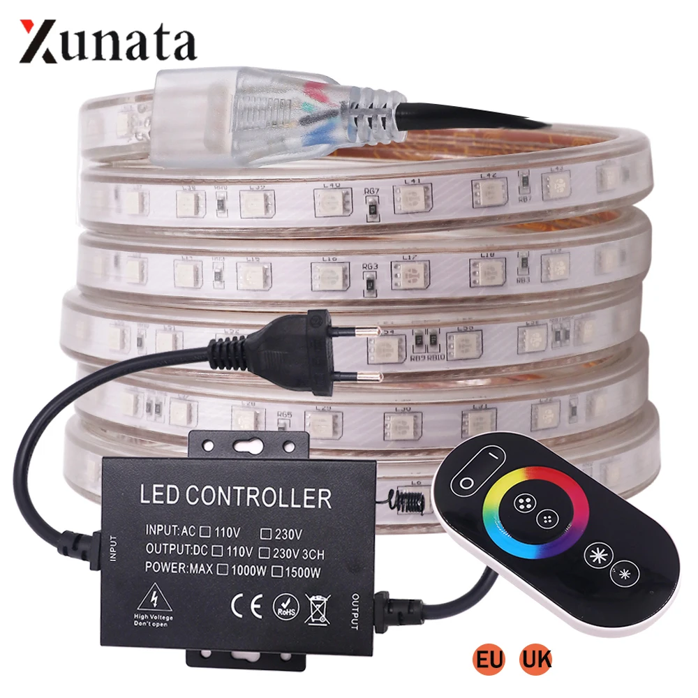 220V RGB LED Strip Light SMD5050 60/120LEDs Flexible Led Tape with Remote Controller Waterproof Led Ribbon Diode Tape EU/UK Plug
220V RGB LED Strip Light SMD5050 60/120LEDs Flexible Led Tape with Remote Controller Waterproof Led Ribbon Diode Tape EU/UK Plug