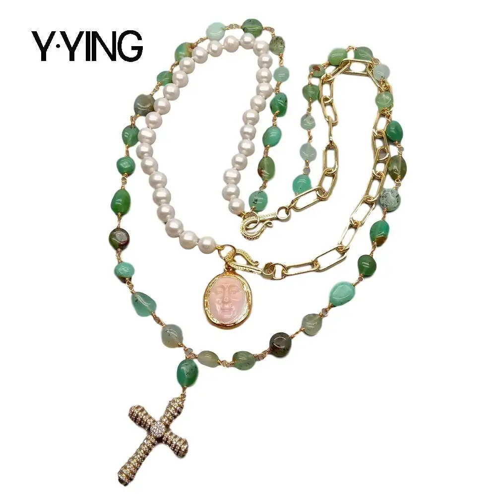 Y·YING natural White Pearl Chrysoprase Pink Queen Conch Facial Mask Crucifix Charm statement Necklace 22"
Y·YING natural White Pearl Chrysoprase Pink Queen Conch Facial Mask Crucifix Charm statement Necklace 22"