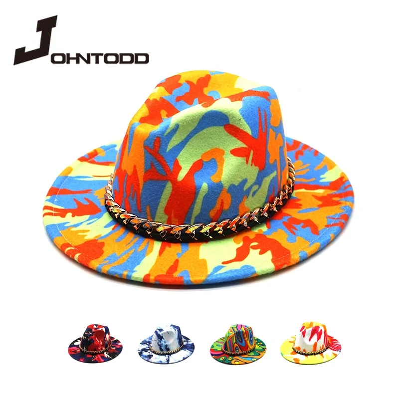 2021 New Winter Woman Men Tie Dye Fedora Hat Ladies Fashion Flat Wide Brim Panama with Fashion Belt Wool Felt Jazz Fedora Hats
2021 New Winter Woman Men Tie Dye Fedora Hat Ladies Fashion Flat Wide Brim Panama with Fashion Belt Wool Felt Jazz Fedora Hats