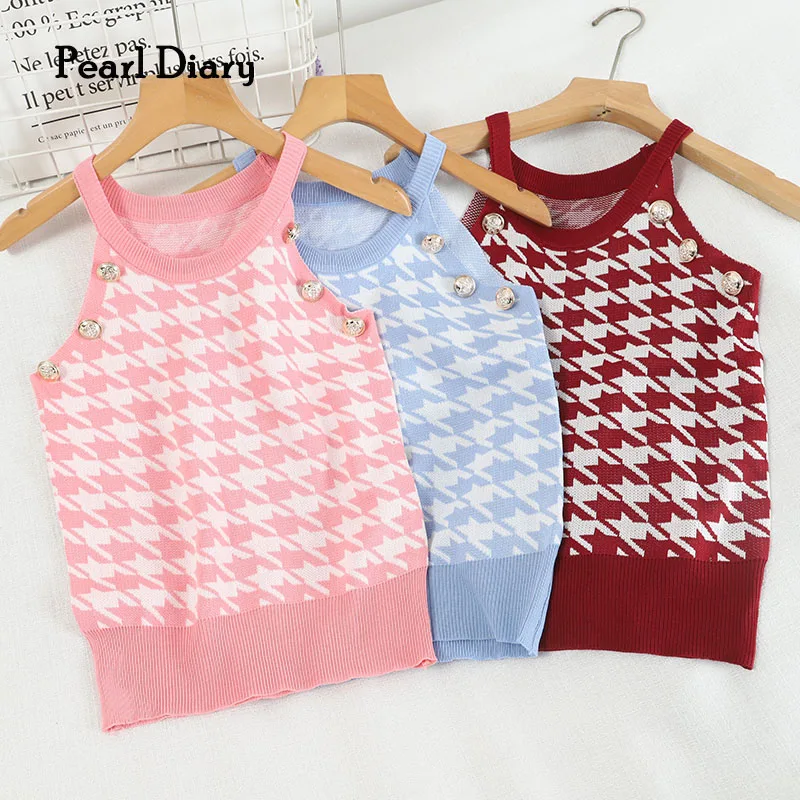 Pearl Diary Women Summer Knitting Crop Tops Sleeveless Houndstooth Cold Shoulder Tops With Buttons Slim Fit Elegant Chic Tops
Pearl Diary Women Summer Knitting Crop Tops Sleeveless Houndstooth Cold Shoulder Tops With Buttons Slim Fit Elegant Chic Tops