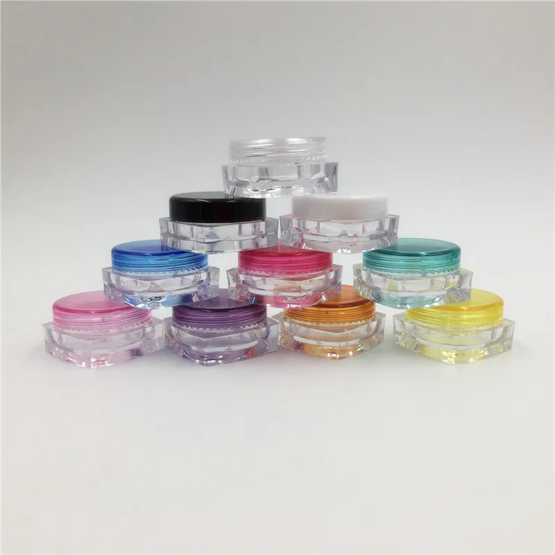 FreeShipping 100pcs 3g cream jar, cosmetic container, plastic bottle,display bottle,sample jar,cosmetic packaging(10 color lids) 
FreeShipping 100pcs 3g cream jar, cosmetic container, plastic bottle,display bottle,sample jar,cosmetic packaging(10 color lids)
