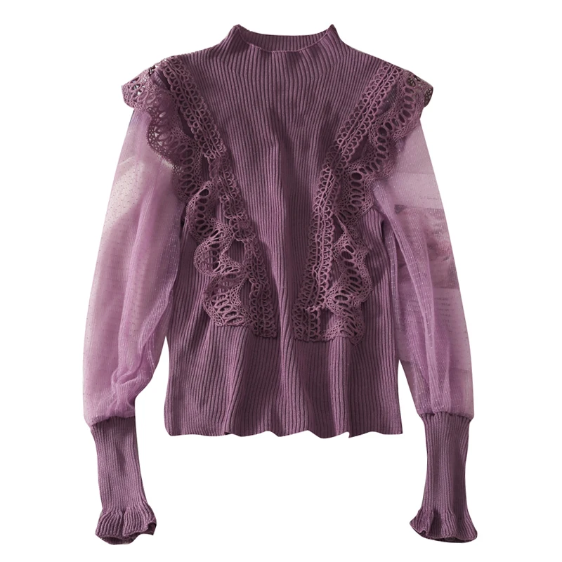 Fall 2021 Women Lace Patchwork Ruffles Sweaters Elegant New Clothes Half Turtleneck Slim Mesh Sleeves Fit Knit Pullovers Sweet
Fall 2021 Women Lace Patchwork Ruffles Sweaters Elegant New Clothes Half Turtleneck Slim Mesh Sleeves Fit Knit Pullovers Sweet