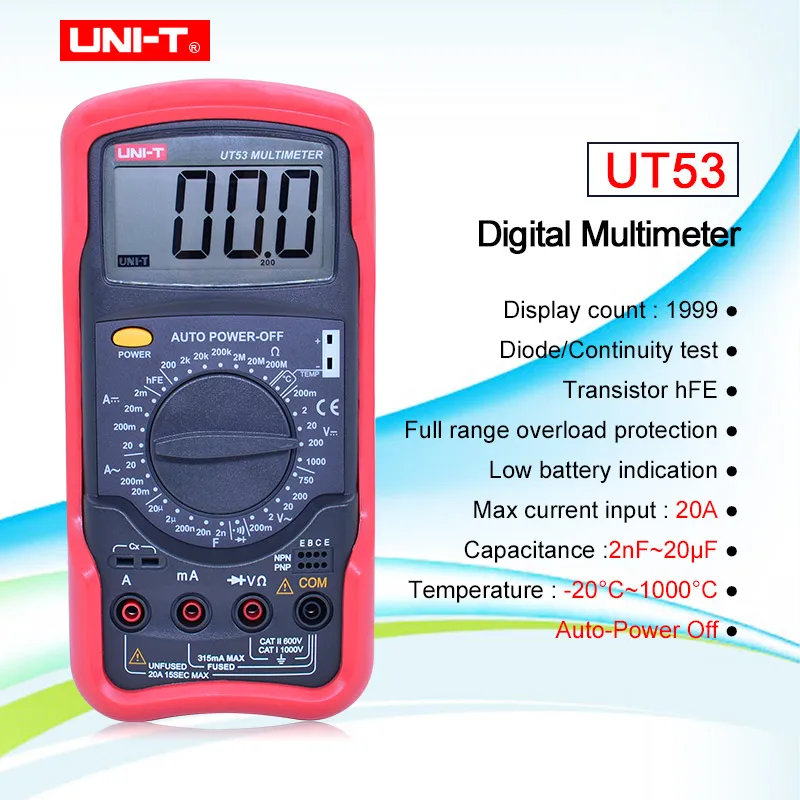 UNI-T UT53 digital multimeter resistance measurement diode/transistor test digital display AC/DC multimeter Ammeter
UNI-T UT53 digital multimeter resistance measurement diode/transistor test digital display AC/DC multimeter Ammeter