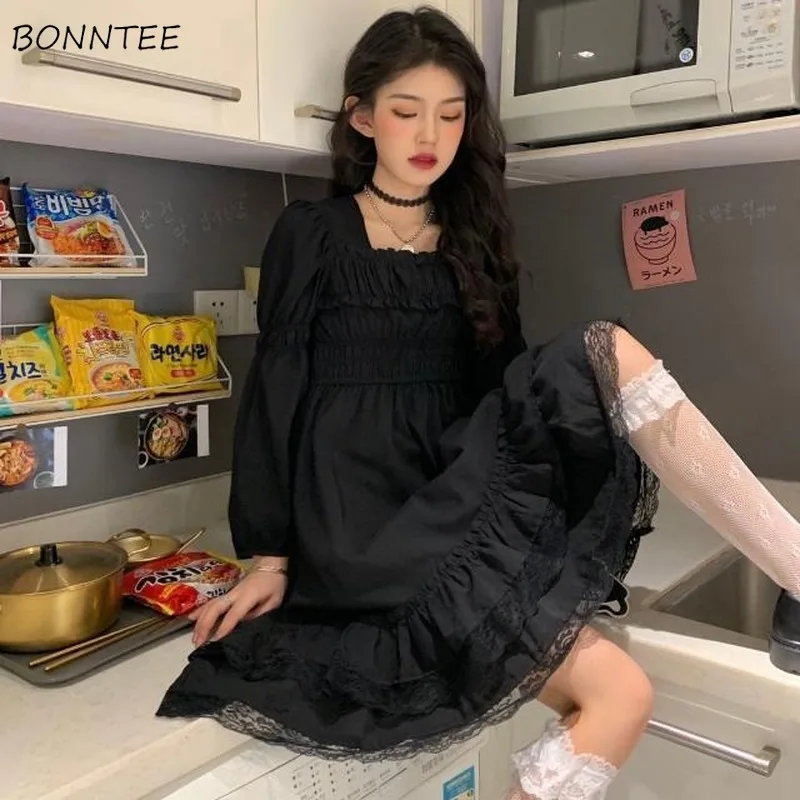 Long Sleeve Dress Women Vintage Black Lace Pleated Square-collar Sweet Elegant Vestidos Girls Fashion Korean High-waist A-line
Long Sleeve Dress Women Vintage Black Lace Pleated Square-collar Sweet Elegant Vestidos Girls Fashion Korean High-waist A-line