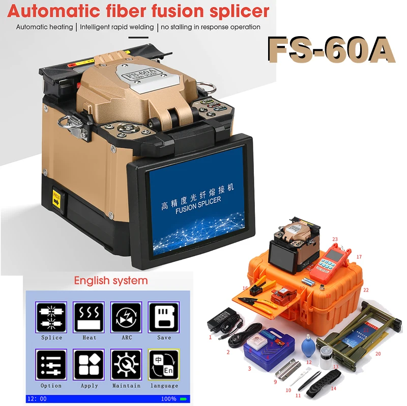 FS-60A Golden Fully Automatic 7s Welding 8s Heating 6700mAh 5' inch TFT LCD Fiber Optic Fusion Splicer +30mW OPM CFS-3 Kit Suit
FS-60A Golden Fully Automatic 7s Welding 8s Heating 6700mAh 5' inch TFT LCD Fiber Optic Fusion Splicer +30mW OPM CFS-3 Kit Suit
