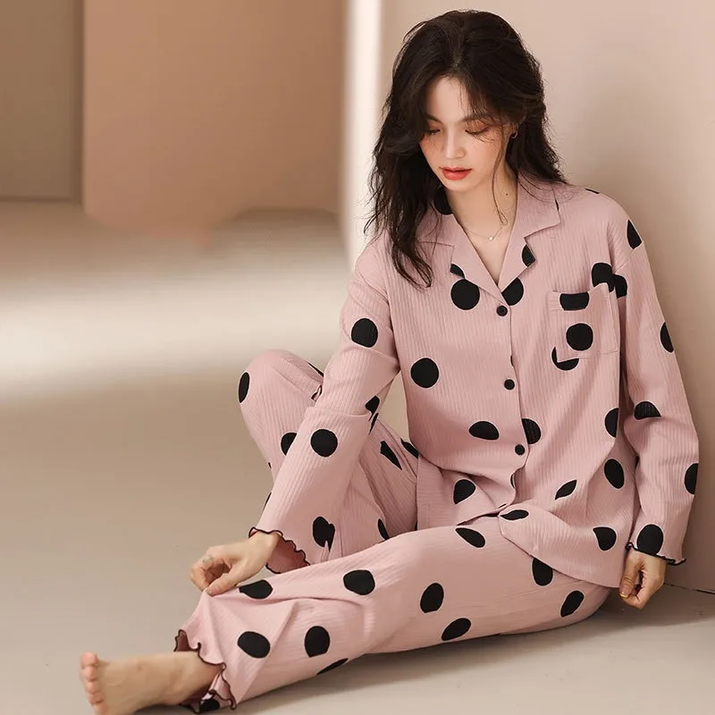 Women's Autumn Winter Loose 2PCS Pajamas Set Casual Polka Dot Sleepwear Pink Full Sleeve Pant Nightwear Comfort Cotton Home Wear
Women's Autumn Winter Loose 2PCS Pajamas Set Casual Polka Dot Sleepwear Pink Full Sleeve Pant Nightwear Comfort Cotton Home Wear