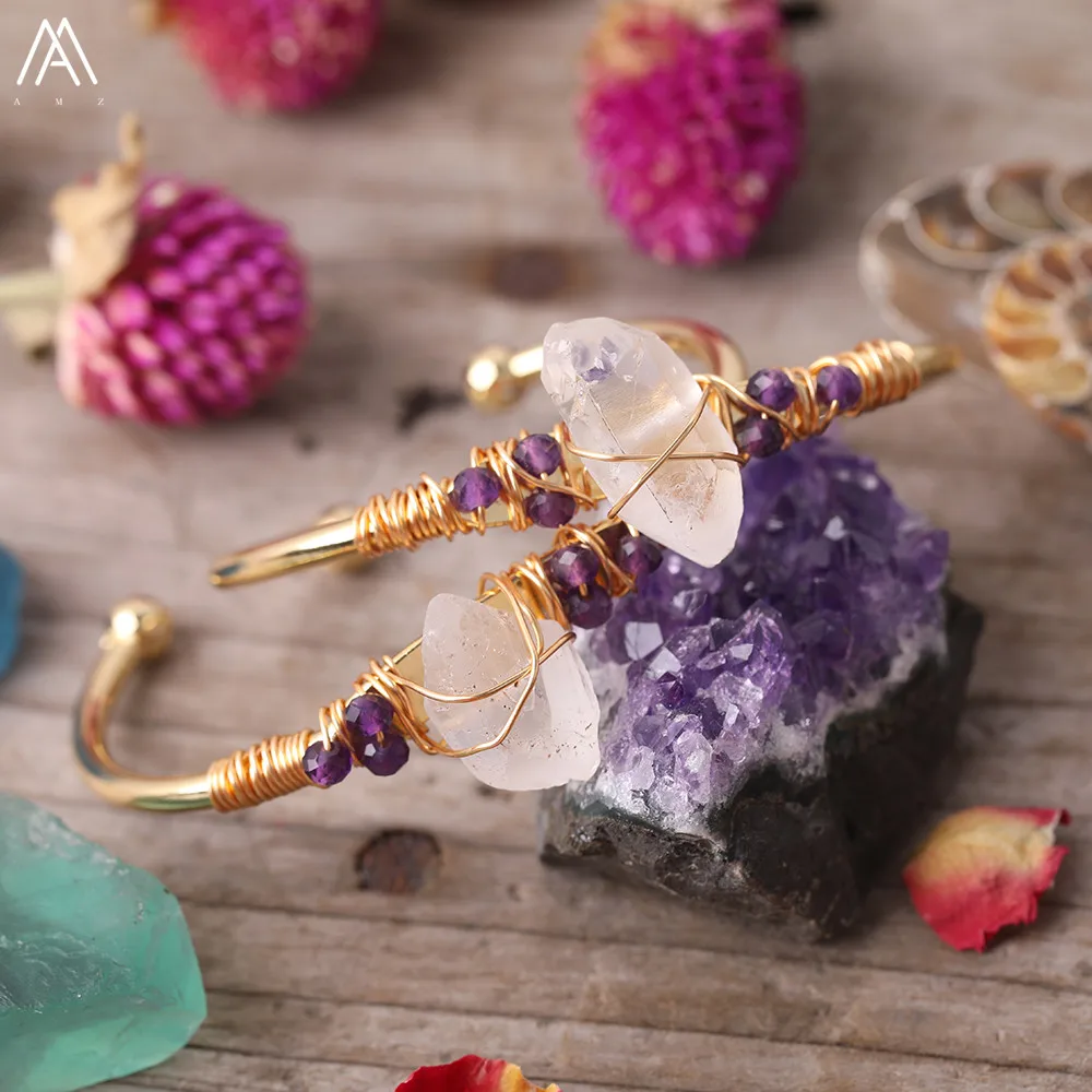 Natural White Quartz Chunky Beads Open Cuff Bangle Women Amethysts Quartz Round Beads Wire Wrap Gold Copper Open Bracelet 
Natural White Quartz Chunky Beads Open Cuff Bangle Women Amethysts Quartz Round Beads Wire Wrap Gold Copper Open Bracelet