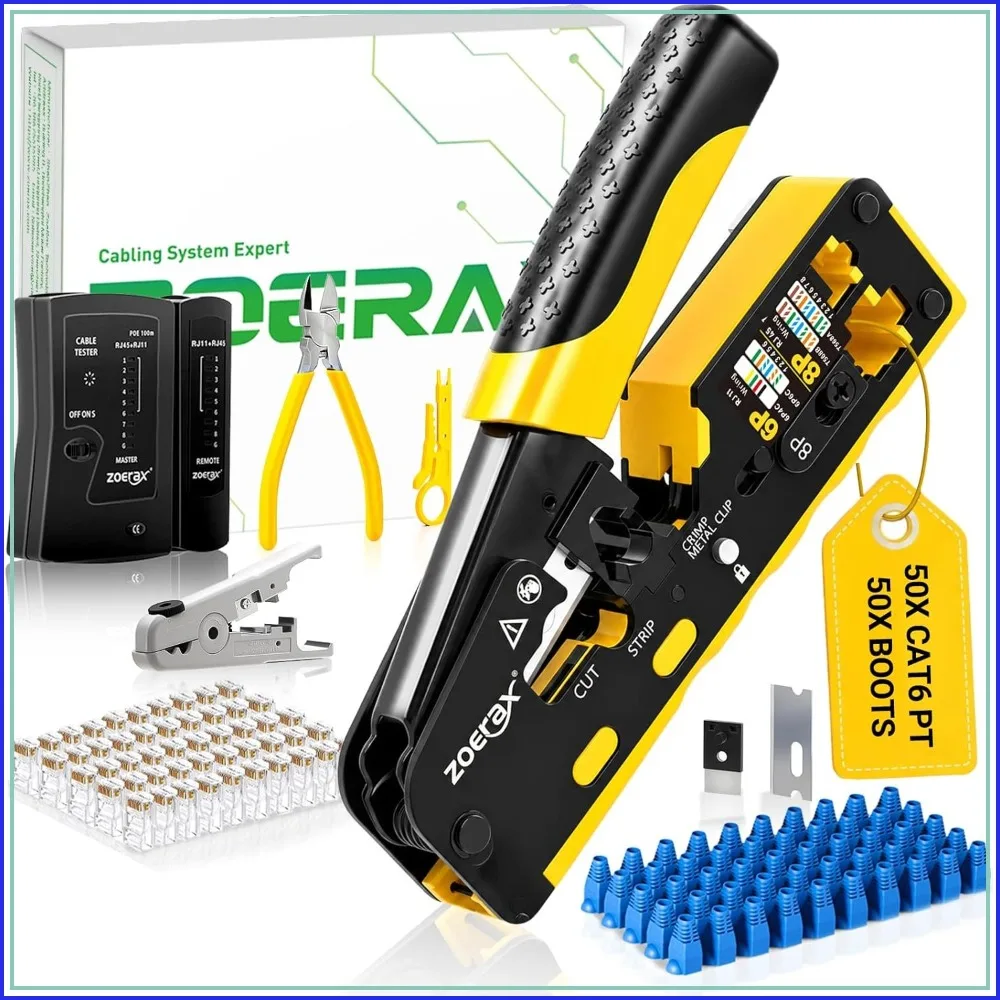 RJ45 Pass-Through Crimping Tool Kit for Cat7/Cat6/Cat5 – with Cable Tester, Stripper, Cutter, 50 Connectors & Boots
RJ45 Pass-Through Crimping Tool Kit for Cat7/Cat6/Cat5 – with Cable Tester, Stripper, Cutter, 50 Connectors & Boots