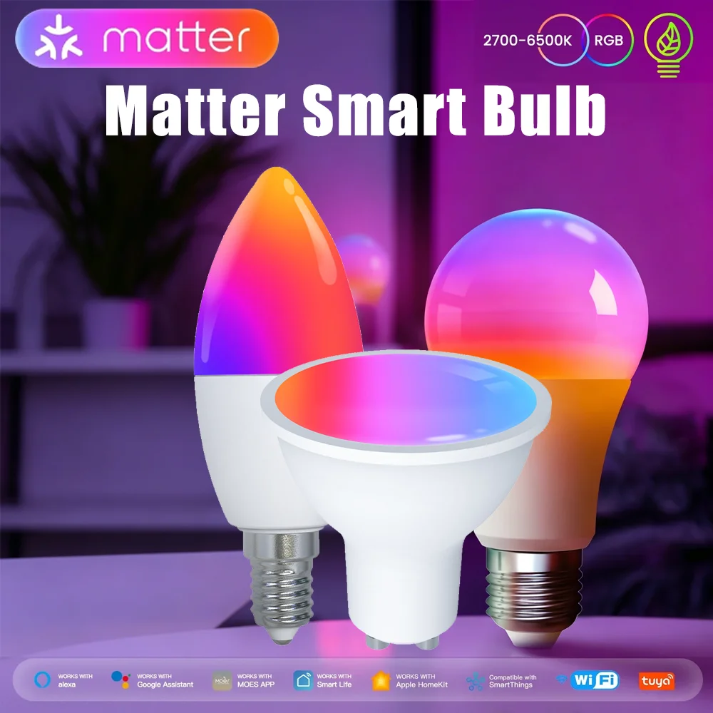 Matter WiFi E27 E14 GU10 Tuya Smart Bulb Dimmable Led Light 16Million RGB C+W Colors Candle Lamp Voice Control Alexa Google Home
Matter WiFi E27 E14 GU10 Tuya Smart Bulb Dimmable Led Light 16Million RGB C+W Colors Candle Lamp Voice Control Alexa Google Home