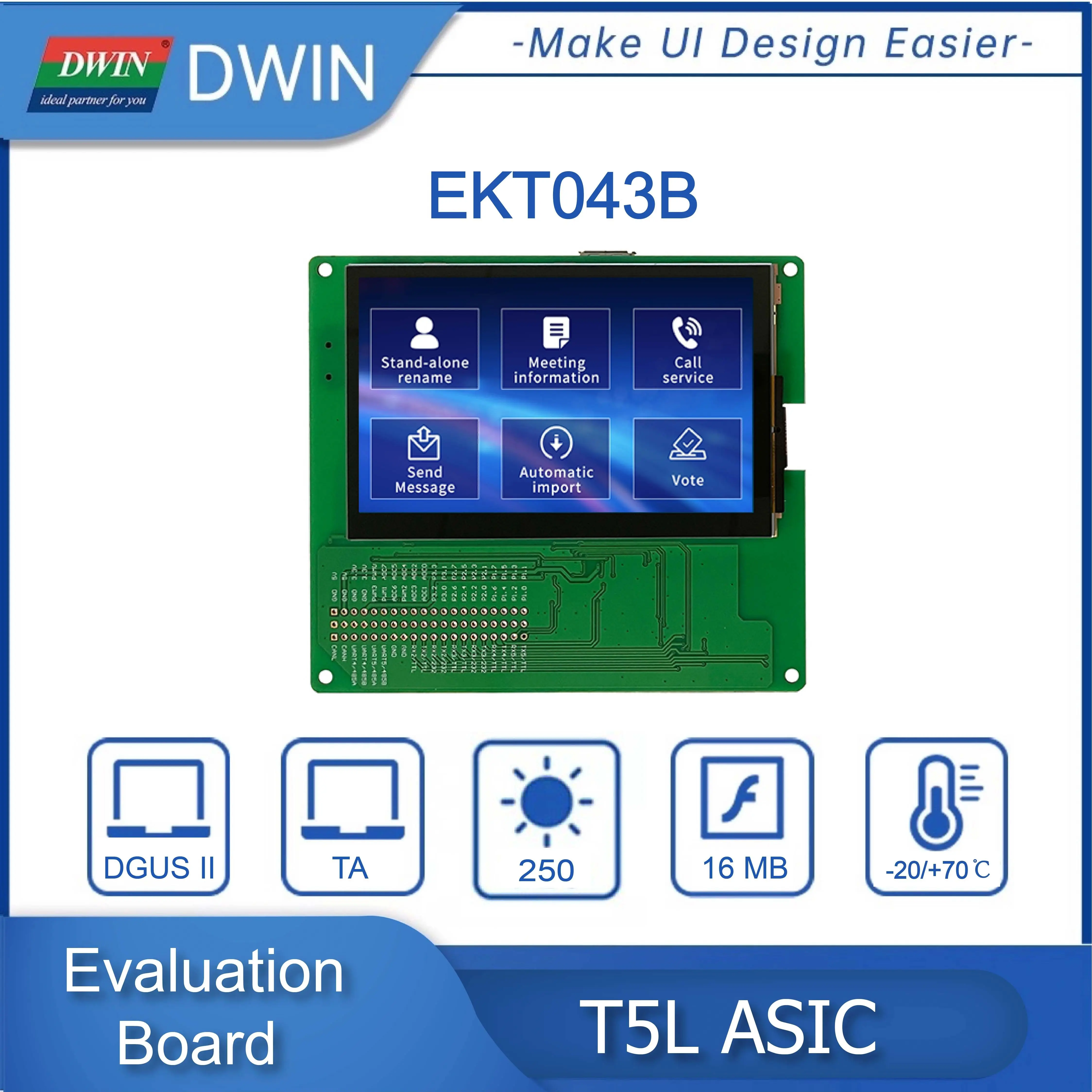 DWIN T5L Drive IC 4.3 Inch Function Evaluation 800*480 IPS-TFT-LCD Capacitive Touch Screen Development Board EKT043B
DWIN T5L Drive IC 4.3 Inch Function Evaluation 800*480 IPS-TFT-LCD Capacitive Touch Screen Development Board EKT043B