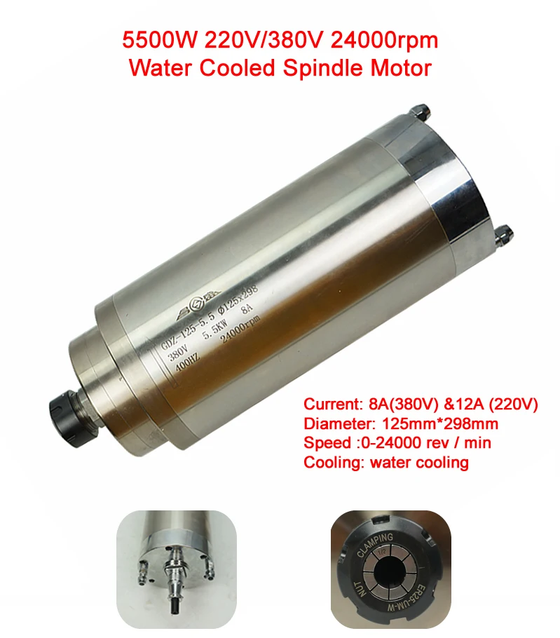 Changsheng 5.5KW 125mm ER25 220V 380V 24000rpm Water Cooled Spindle Motor for Engraving Router Wood Working Carving Machine
Changsheng 5.5KW 125mm ER25 220V 380V 24000rpm Water Cooled Spindle Motor for Engraving Router Wood Working Carving Machine