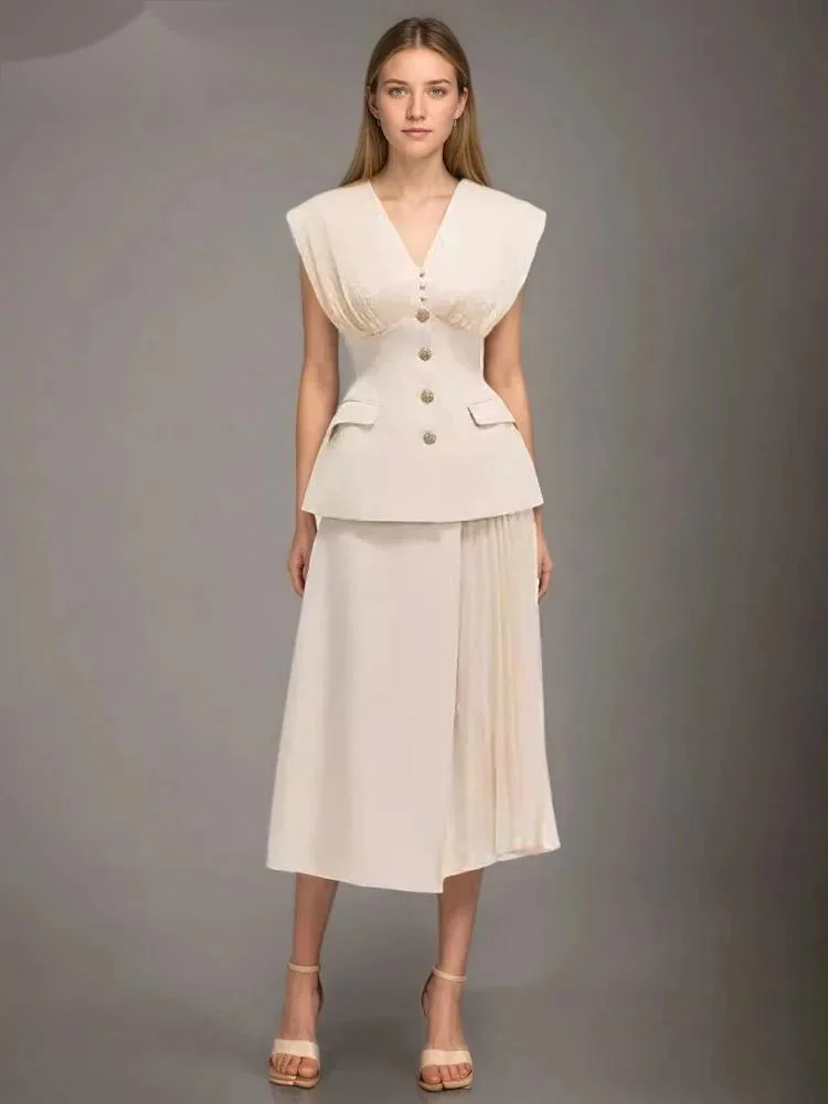 Fashion 2 Piece Set Women's V-neck Pleated Patchwork Single Breasted Vest High Waist A-line Skirt Suit New 1G9V
Fashion 2 Piece Set Women's V-neck Pleated Patchwork Single Breasted Vest High Waist A-line Skirt Suit New 1G9V