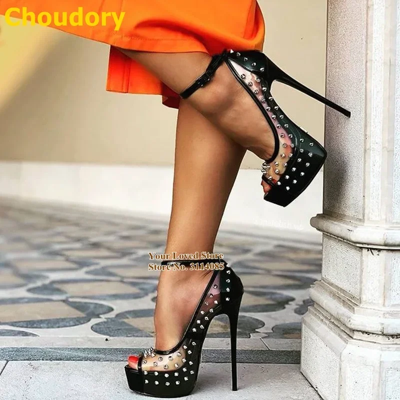 Choudory Women Transparent PVC Rivets High Heel Shoes Black Heels Patchwork Open Toe Studded Dress Pumps Size46 Party Shoes
Choudory Women Transparent PVC Rivets High Heel Shoes Black Heels Patchwork Open Toe Studded Dress Pumps Size46 Party Shoes