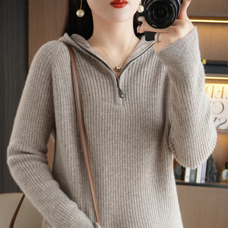 New women's wool sweater with half zipper hooded collar for autumn winter, knitted sweater with solid color base for outerwear
New women's wool sweater with half zipper hooded collar for autumn winter, knitted sweater with solid color base for outerwear