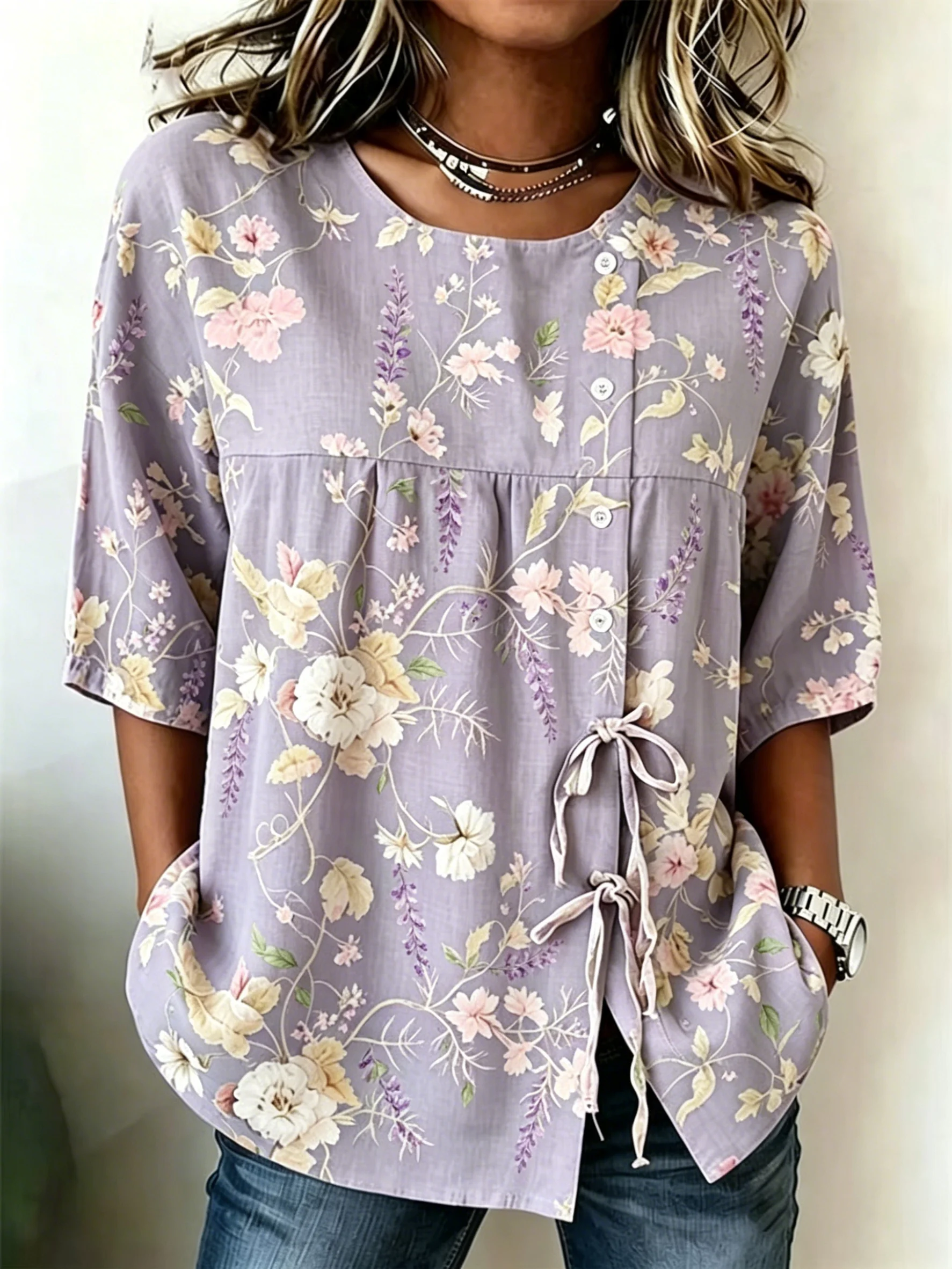Women's Spring Summer Drawstring Blouse, Light Purple Pastel Floral Print Casual Tops for Daily Street Holiday Dating Outfit
Women's Spring Summer Drawstring Blouse, Light Purple Pastel Floral Print Casual Tops for Daily Street Holiday Dating Outfit