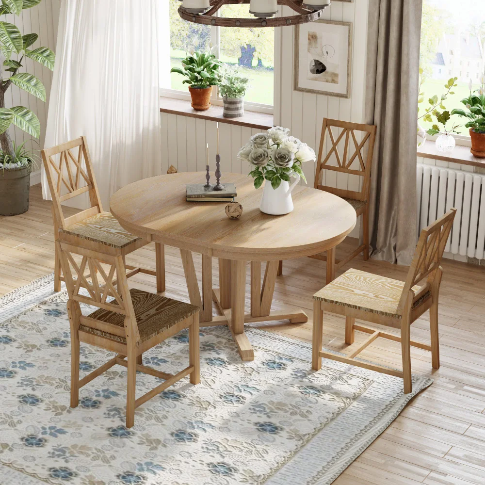 Rustic 5-Piece Extendable Dining Table Set Round Trestle Table and 4 Cross Back Dining Chairs for Kitchen, Dining Room, Natural
Rustic 5-Piece Extendable Dining Table Set Round Trestle Table and 4 Cross Back Dining Chairs for Kitchen, Dining Room, Natural