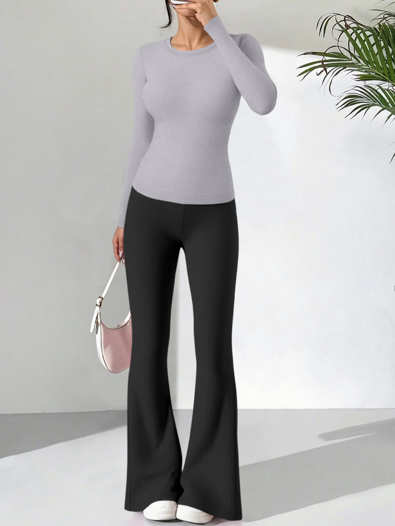 Ribbed Knit Loungewear 2-Piece Set, Women's Crew Neck Top & High Waist Flare Pants, Stretchy Outfit for All Seasons
Ribbed Knit Loungewear 2-Piece Set, Women's Crew Neck Top & High Waist Flare Pants, Stretchy Outfit for All Seasons