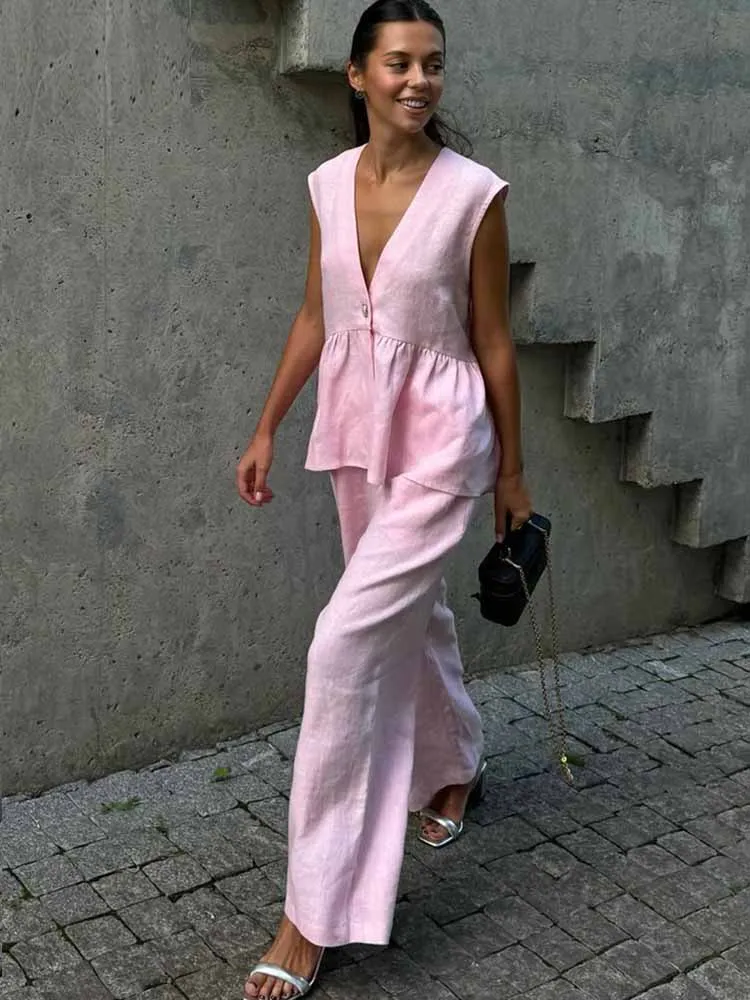 MCDV Casual Loose Pants 2 Piece Set Women Pink Cotton Linen V-Neck Sleeveles Tank Top High Waist Wide Leg Pants Street Outfits
MCDV Casual Loose Pants 2 Piece Set Women Pink Cotton Linen V-Neck Sleeveles Tank Top High Waist Wide Leg Pants Street Outfits