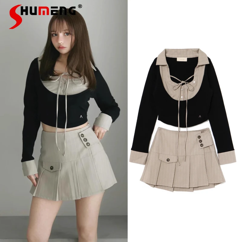 Japanese Rojita Style 2025 Autumn Winter Lace-up Lapel Long Sleeves Top Striped Short High-waisted Skirt Two Pieces Set Ladies
Japanese Rojita Style 2025 Autumn Winter Lace-up Lapel Long Sleeves Top Striped Short High-waisted Skirt Two Pieces Set Ladies