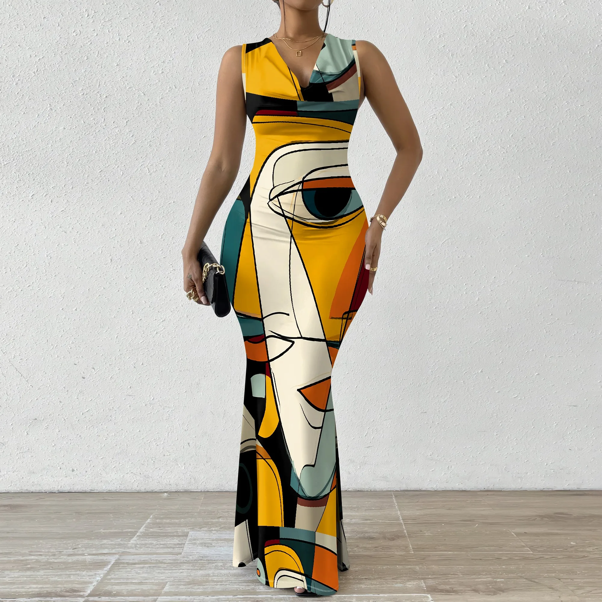 Women's V-Neck Sleeveless Bodycon Maxi Dress Abstract Cubism Face Art Print Fitted Party Cocktail Evening Gown XS-2XL.
Women's V-Neck Sleeveless Bodycon Maxi Dress Abstract Cubism Face Art Print Fitted Party Cocktail Evening Gown XS-2XL.