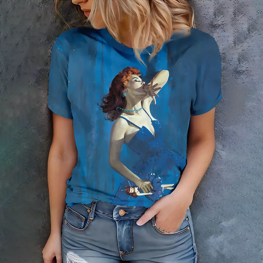 Women's Blue Artistic Female Portrait Print T-Shirt - Elegant Artistic Casual Summer Style Short Sleeve
Women's Blue Artistic Female Portrait Print T-Shirt - Elegant Artistic Casual Summer Style Short Sleeve