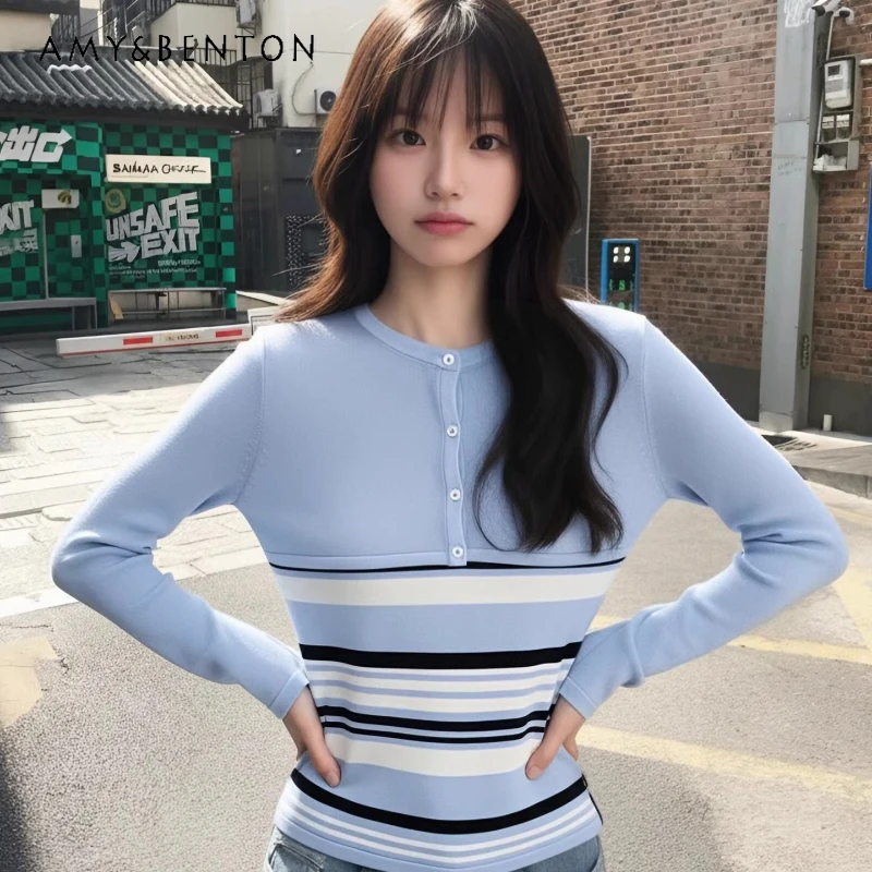 2026 Spring New Blue Long Sleeve Women's Cardigan Top Striped Camisole Sweet Cute Slimming Bottoming Shirt Two-Piece Sets Ladies
2026 Spring New Blue Long Sleeve Women's Cardigan Top Striped Camisole Sweet Cute Slimming Bottoming Shirt Two-Piece Sets Ladies