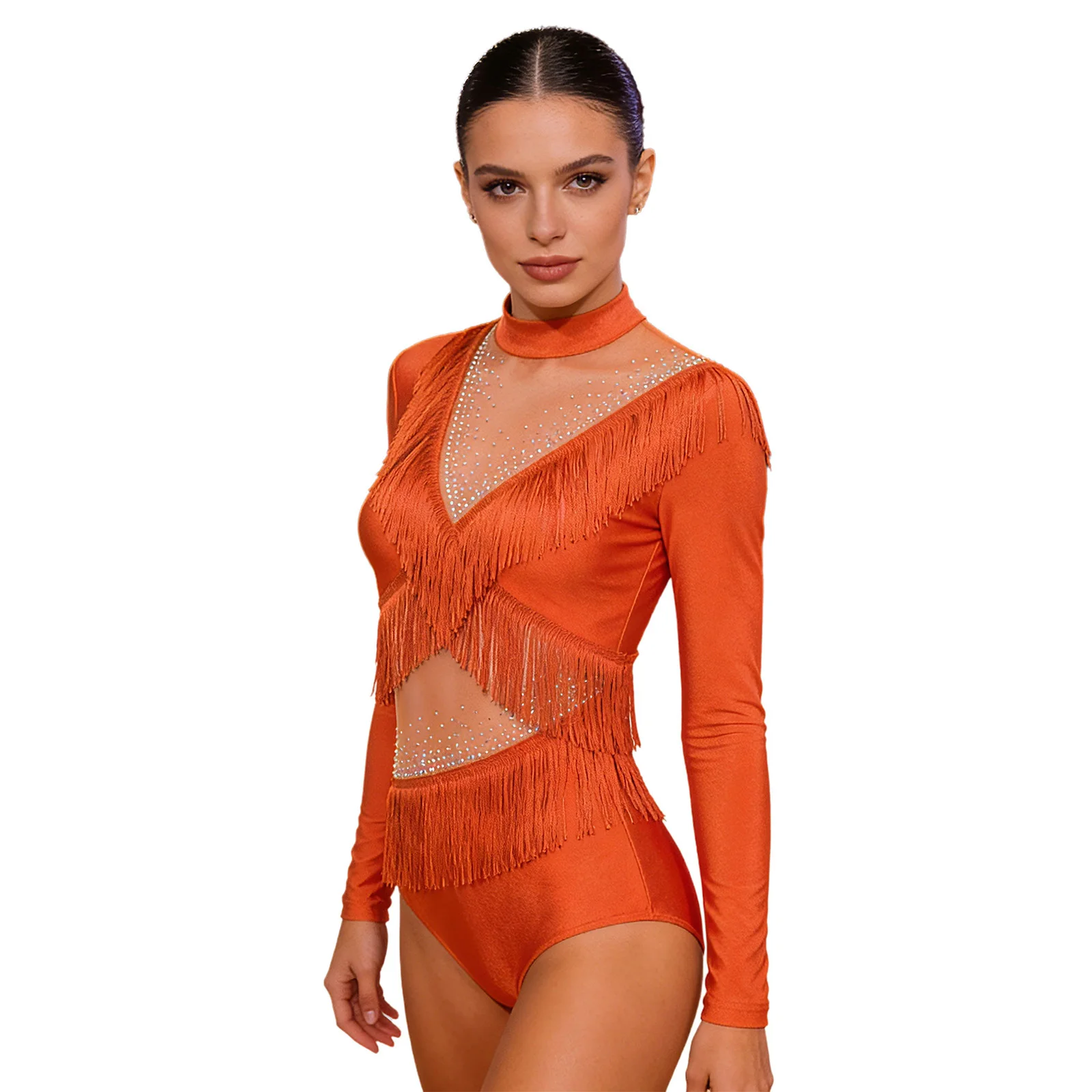 Women Lyrical Sheer Mesh Latin Cha-cha Tango Dance Jumpsuit Rhinestones Long Sleeve Crotch Press Buttons Fringed Dance Leotard
Women Lyrical Sheer Mesh Latin Cha-cha Tango Dance Jumpsuit Rhinestones Long Sleeve Crotch Press Buttons Fringed Dance Leotard