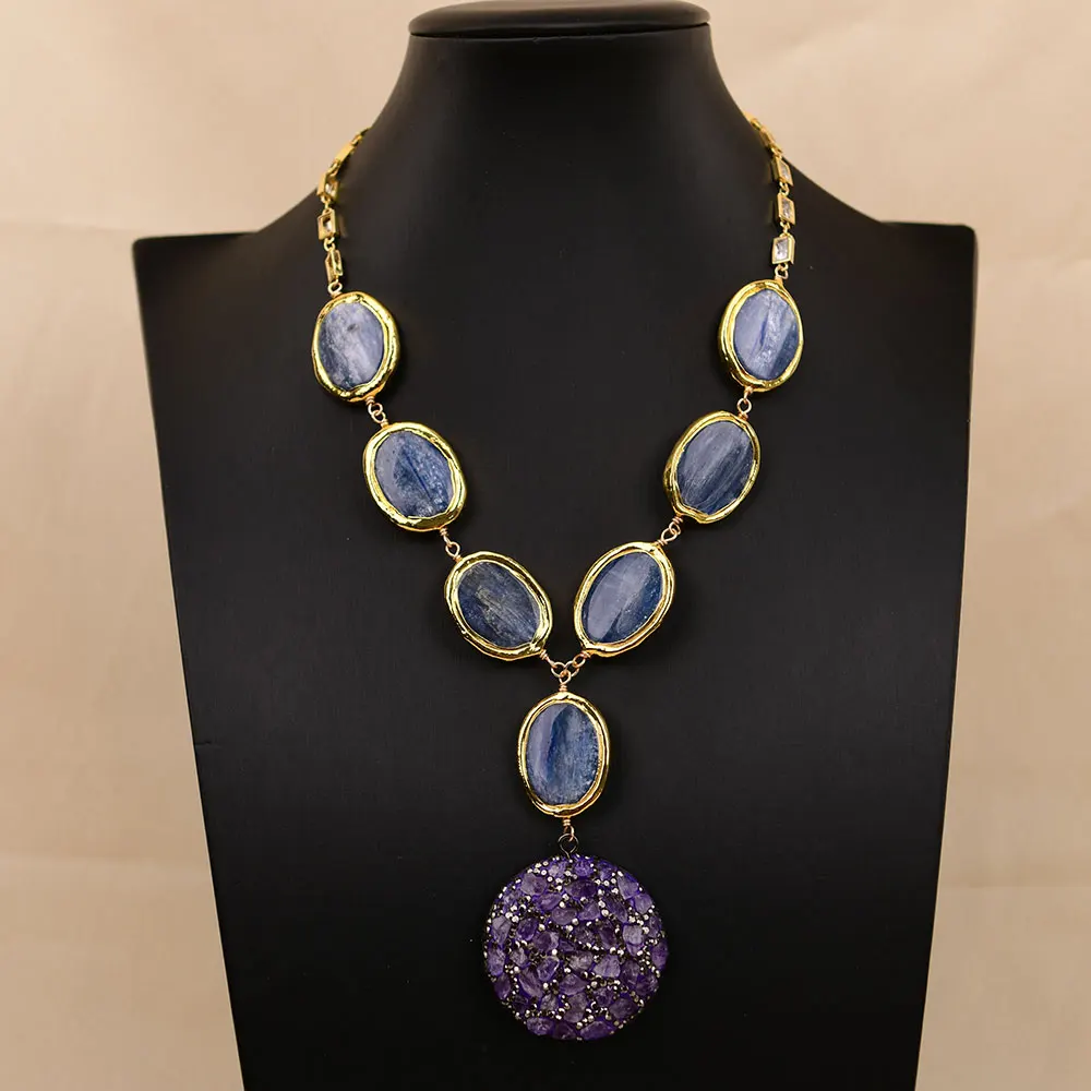 G-G Natural Blue Kyanite Quartz Oval Beads Cz Chain Necklace Big Purple Amethyst Pendant
G-G Natural Blue Kyanite Quartz Oval Beads Cz Chain Necklace Big Purple Amethyst Pendant