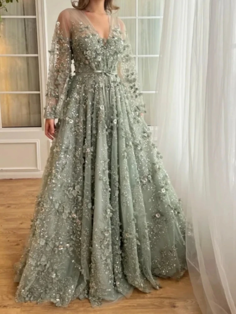 Customized Long Sleeve Evening Dress V Neck 3D Flower Sequined Beads A Line Floor Length Prom Wedding Party Dresses Formal Wear
Customized Long Sleeve Evening Dress V Neck 3D Flower Sequined Beads A Line Floor Length Prom Wedding Party Dresses Formal Wear