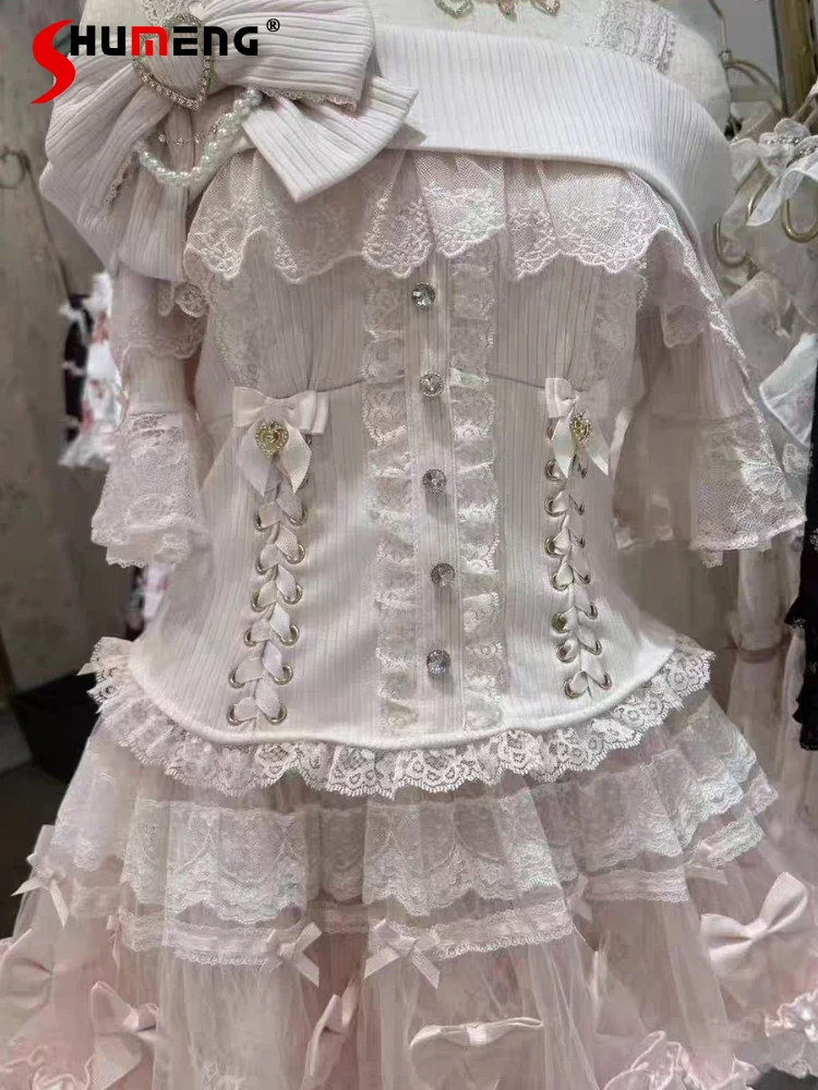 Japanese Mass-Produced Style Sweet Cute Bow Off-Shoulder Short Sleeve Slim Fit Versatile Lolita Knitted T-Shirts Tops for Women
Japanese Mass-Produced Style Sweet Cute Bow Off-Shoulder Short Sleeve Slim Fit Versatile Lolita Knitted T-Shirts Tops for Women
