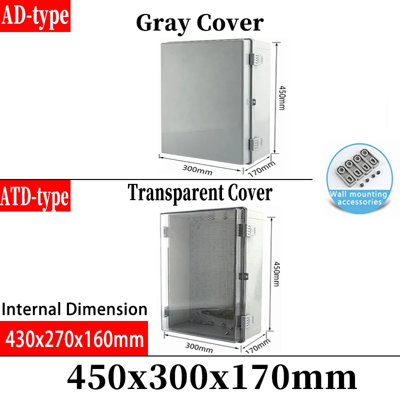 Outdoor exposed plastic distribution box, 450*300*170mm, with grey cover or transparent cover as option, IP67 waterproof
Outdoor exposed plastic distribution box, 450*300*170mm, with grey cover or transparent cover as option, IP67 waterproof