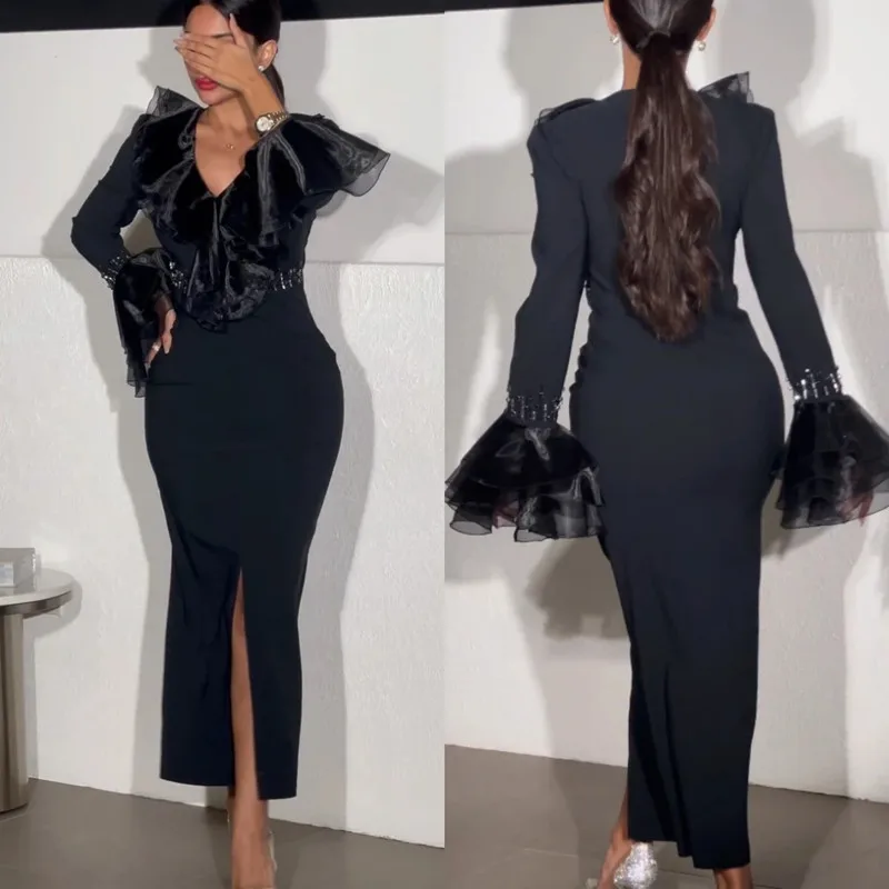Modern Mermaid Long Sleeves Black Prom Dress Sexy V-Neck Slit Party Dress Pleat Beaded Ankle Lenght 2025 فستان سهرة Customized
Modern Mermaid Long Sleeves Black Prom Dress Sexy V-Neck Slit Party Dress Pleat Beaded Ankle Lenght 2025 فستان سهرة Customized