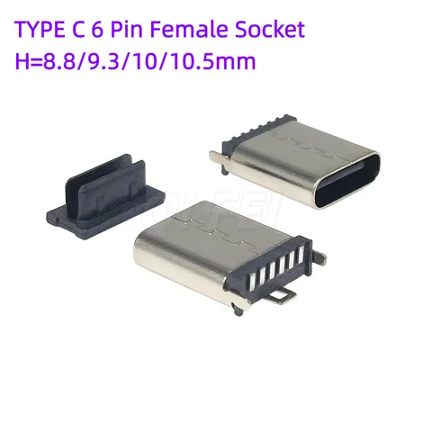10pcs TYPE C 6 Pin Female Socket Connector SMT Vertical 180° Charging Port Plug Socket Power USB 6P TYPE-C H=8.8/9.3/10/10.5mm