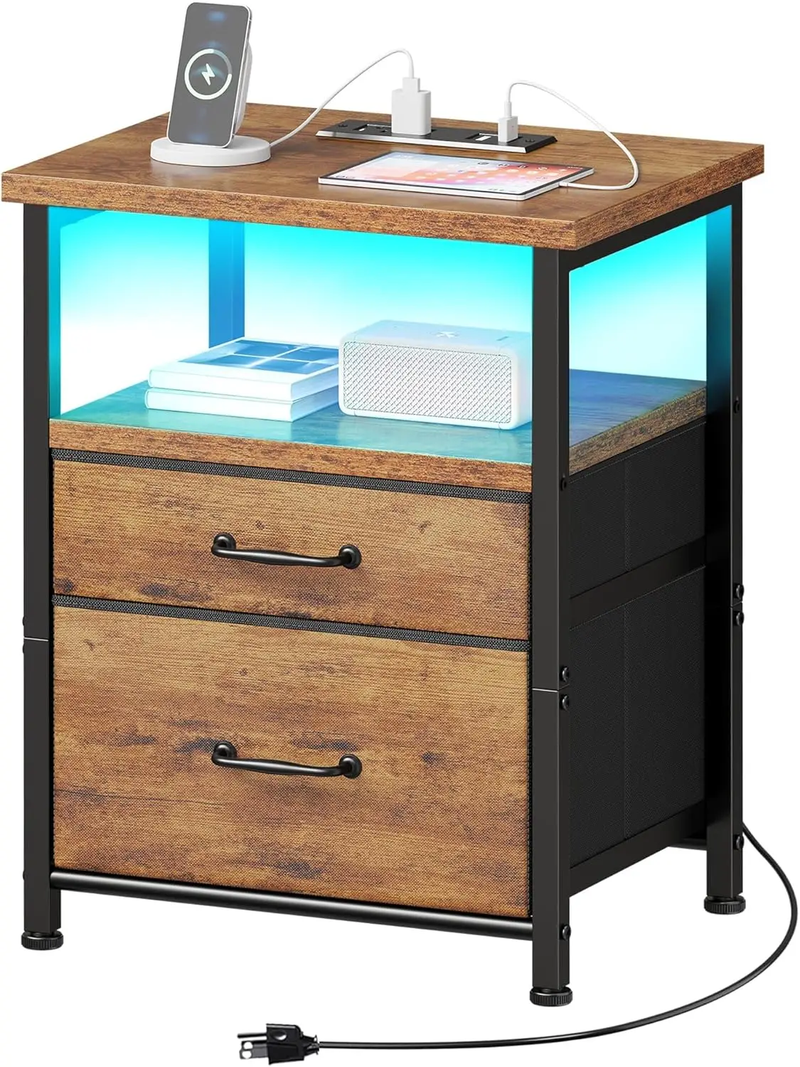 Nightstand with Charging Station, 2 Drawer LED Night Stand, Brown, Steel Frame, Easy Assembly
Nightstand with Charging Station, 2 Drawer LED Night Stand, Brown, Steel Frame, Easy Assembly