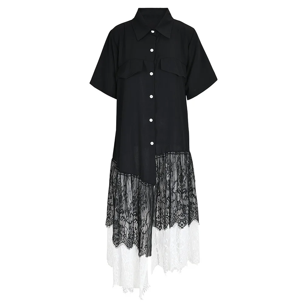 Black and white lace patchwork design casual short-sleeved dress women asymmetrical single breasted shirt skirt
Black and white lace patchwork design casual short-sleeved dress women asymmetrical single breasted shirt skirt