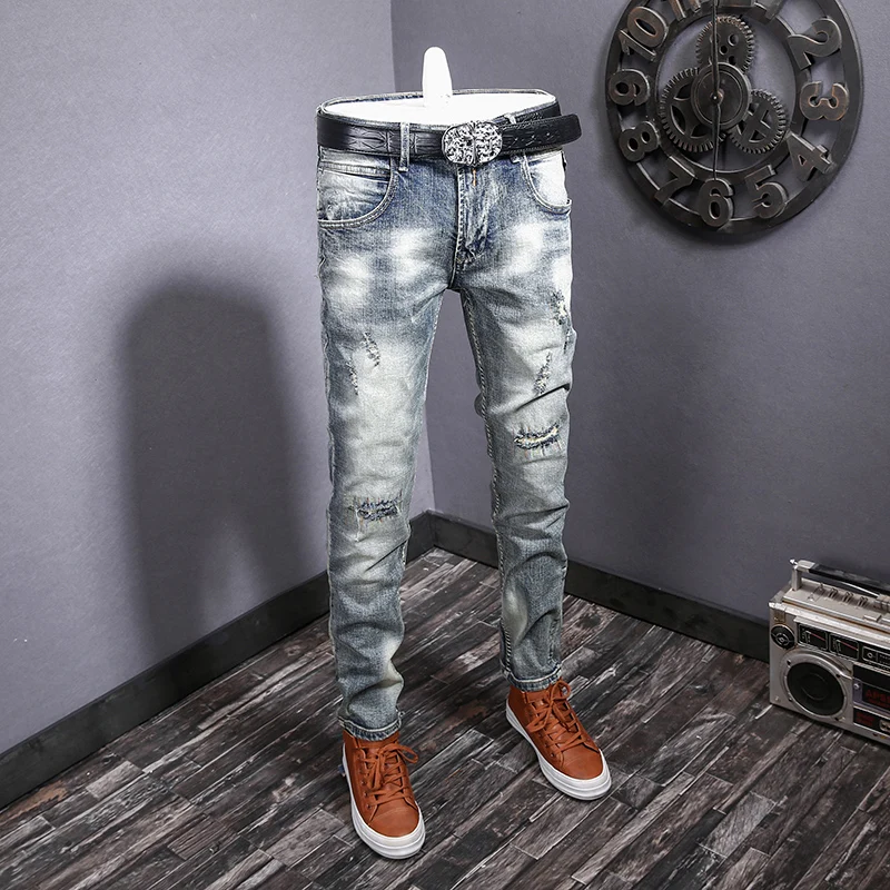 Street Fashion Designer Men Jeans Retro Washed Blue Stretch Slim Fit Embroidery Patched Ripped Jeans Men Vintage Denim Pants
Street Fashion Designer Men Jeans Retro Washed Blue Stretch Slim Fit Embroidery Patched Ripped Jeans Men Vintage Denim Pants