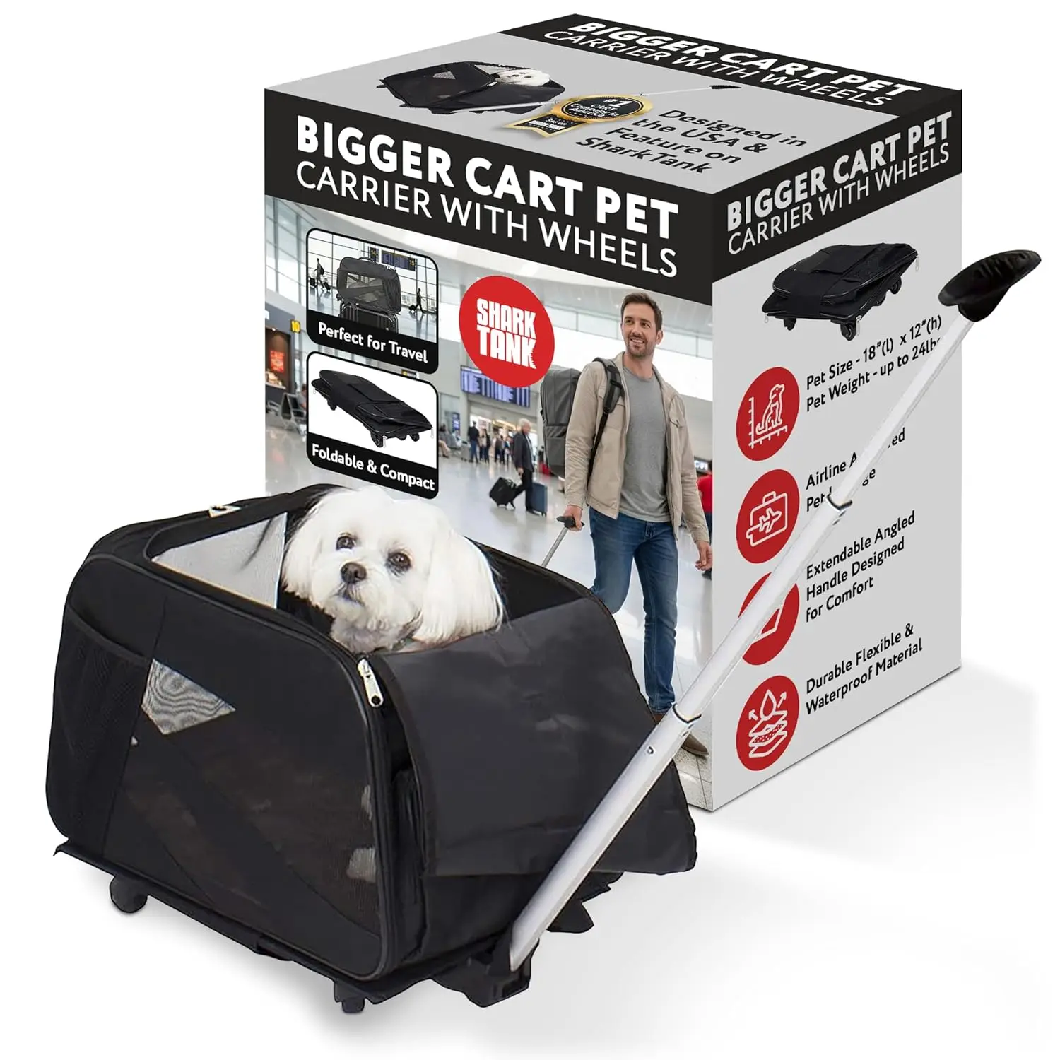 Pet Carrier with Wheels, Airline Approved, Telescoping Handle, 21x12x12in, 24 lb Capacity, Black
Pet Carrier with Wheels, Airline Approved, Telescoping Handle, 21x12x12in, 24 lb Capacity, Black