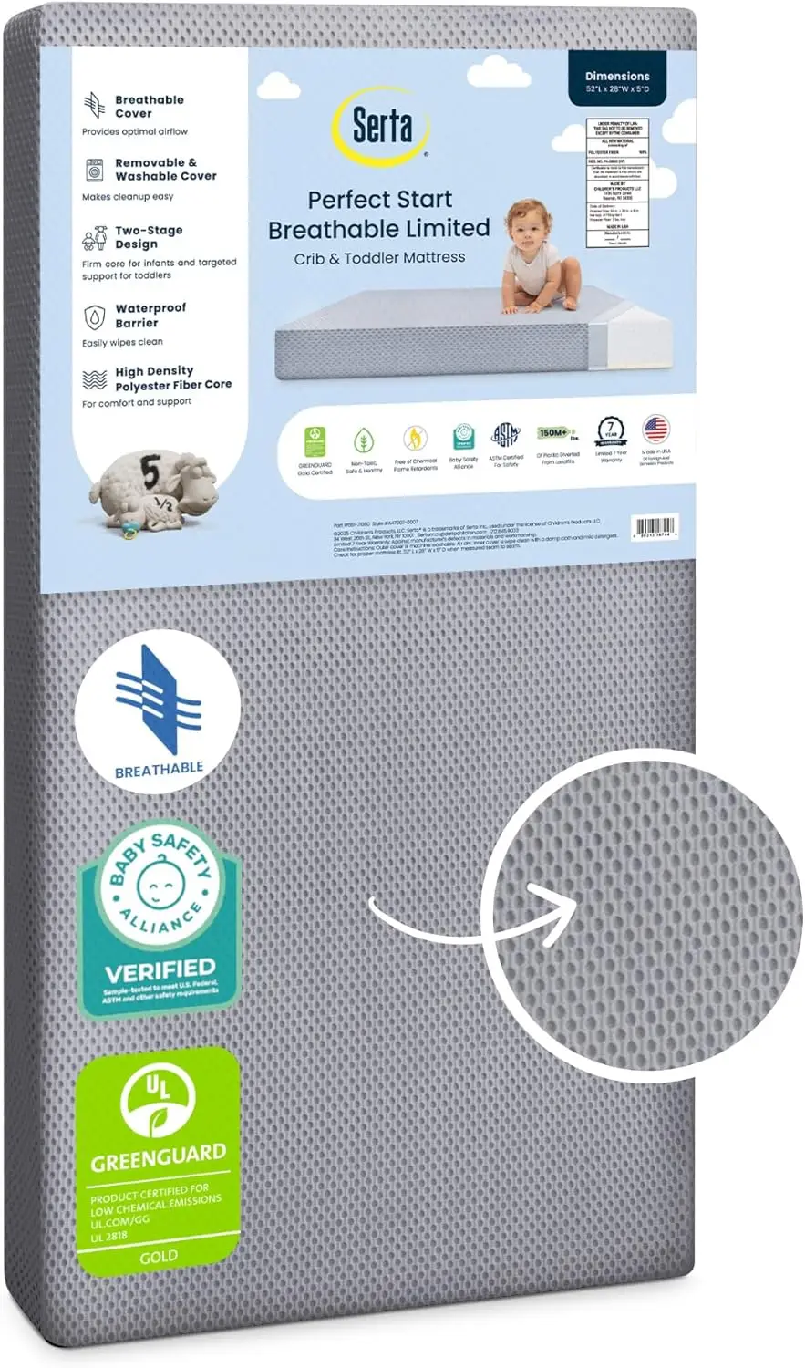 Breathable Two-Stage Crib & Toddler Mattress, Waterproof, Machine Washable, GREENGUARD Gold Certified, 7-Year Warranty
Breathable Two-Stage Crib & Toddler Mattress, Waterproof, Machine Washable, GREENGUARD Gold Certified, 7-Year Warranty
