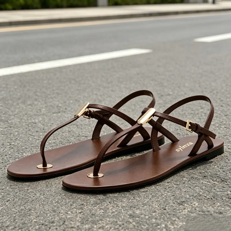 Novelty Brown T-Strap Flat Sandals Women Fashion Street Style Clip Toe Slippers for Ladies Luxury Metal Detail Designer Shoes
Novelty Brown T-Strap Flat Sandals Women Fashion Street Style Clip Toe Slippers for Ladies Luxury Metal Detail Designer Shoes