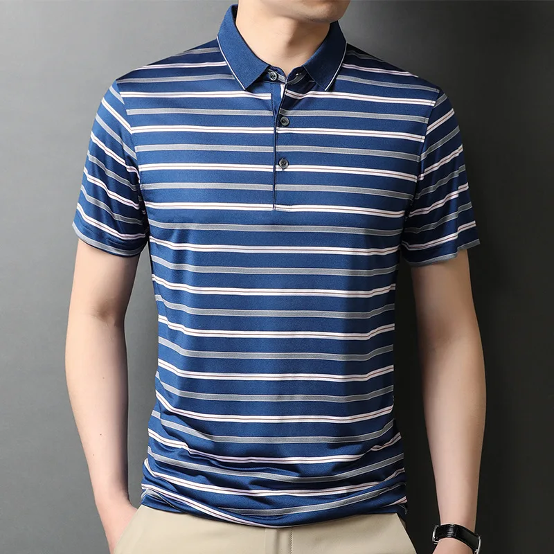 2022 Mulberry Silk Striped Men's Polo Shirts Luxury Short Sleeve Ice Silk Business Casual Male Tops Summer Simple Man T-shirts
2022 Mulberry Silk Striped Men's Polo Shirts Luxury Short Sleeve Ice Silk Business Casual Male Tops Summer Simple Man T-shirts