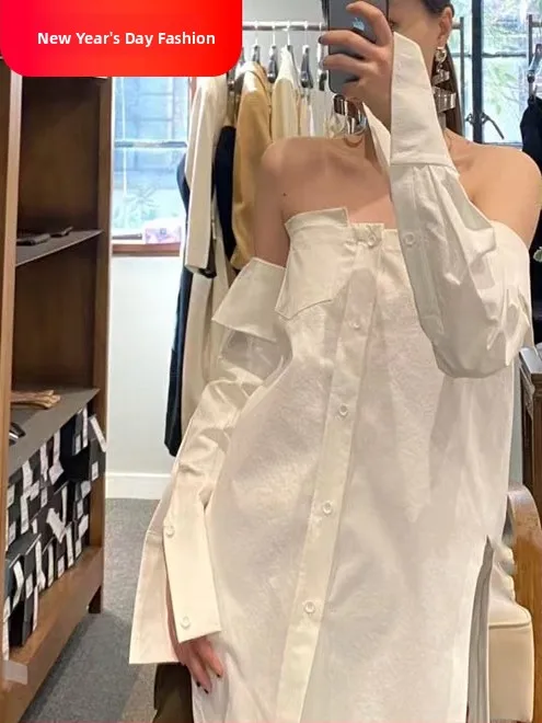 Sexy Chic One-Shoulder Shirt Dress Side Slit Button Detail Polyester Fabric Long Sleeve Regular Length for Young Women
Sexy Chic One-Shoulder Shirt Dress Side Slit Button Detail Polyester Fabric Long Sleeve Regular Length for Young Women