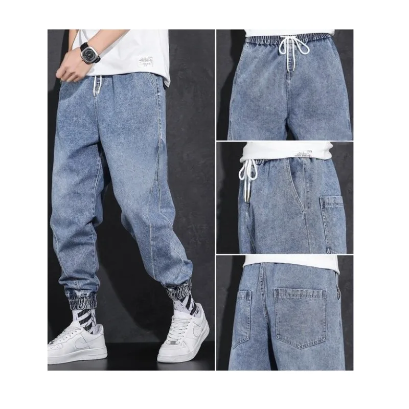 Man Pants Casual Baggy Jeans with Ankle Cuff Trendy Loose Fit Blue Drawstring Denim Trousers
Man Pants Casual Baggy Jeans with Ankle Cuff Trendy Loose Fit Blue Drawstring Denim Trousers