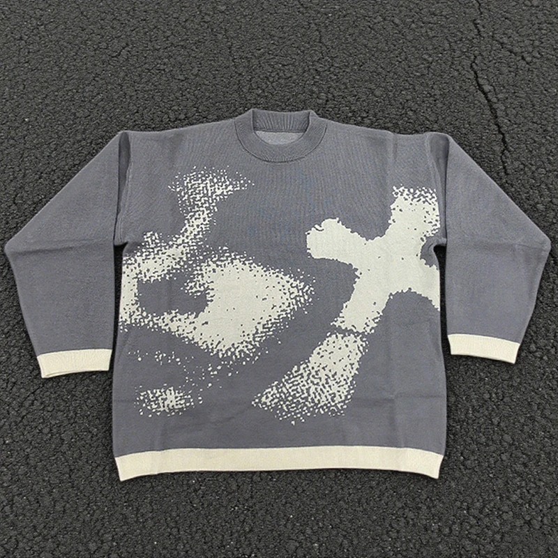New neutral Gothic knit sweater with cross and abstract facial print, Y2K street emo style autumn and winter warm sweater
New neutral Gothic knit sweater with cross and abstract facial print, Y2K street emo style autumn and winter warm sweater