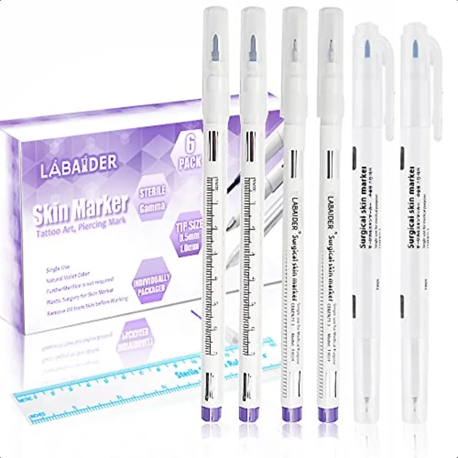 6Pcs Professional Surgical Tip Skin Marker Pen Sterile Tattoo Stencil Markers Pen with Paper Ruler for Eyebrow Lips Individuall
6Pcs Professional Surgical Tip Skin Marker Pen Sterile Tattoo Stencil Markers Pen with Paper Ruler for Eyebrow Lips Individuall