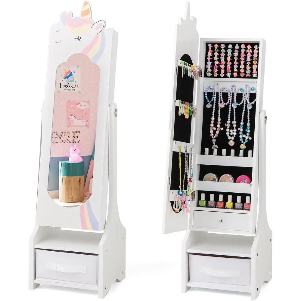 White 45.5 Kids Armoire with Full-Length Mirror, Storage Drawers, and Vanity Drop Mirror Organizer for Little Girls
White 45.5 Kids Armoire with Full-Length Mirror, Storage Drawers, and Vanity Drop Mirror Organizer for Little Girls