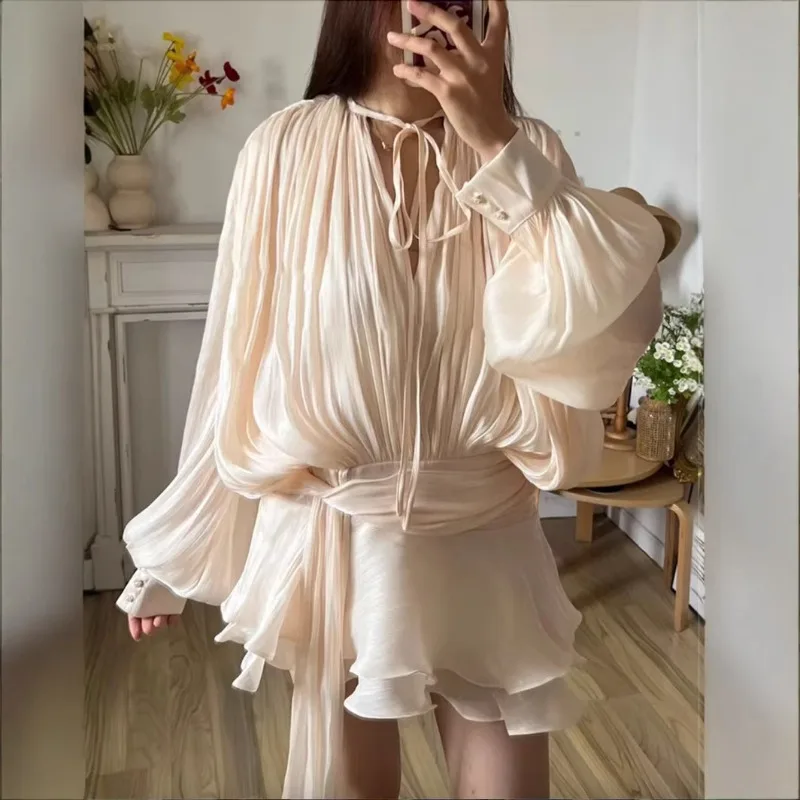 Solid Blouse Mini Dresses For Women V Neck Long Sleeve Spliced Lace Up Sweet Style Dress Female Clothing Fashion
Solid Blouse Mini Dresses For Women V Neck Long Sleeve Spliced Lace Up Sweet Style Dress Female Clothing Fashion