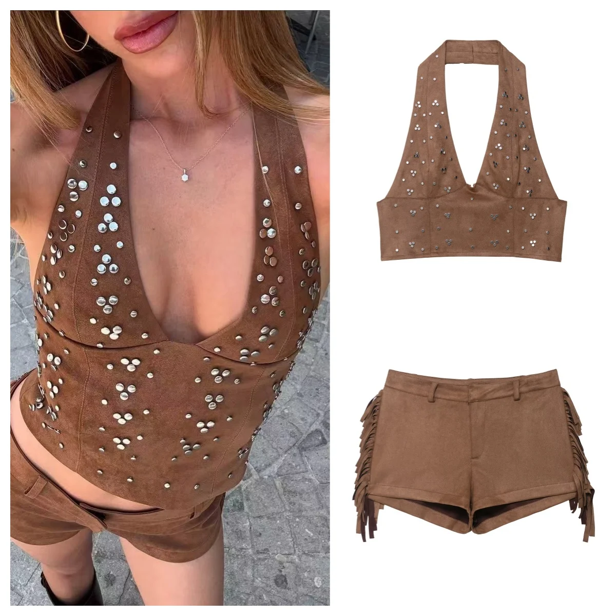 European and American style fashion hot girl design two-piece set halter neck backless short top with hip shorts
European and American style fashion hot girl design two-piece set halter neck backless short top with hip shorts